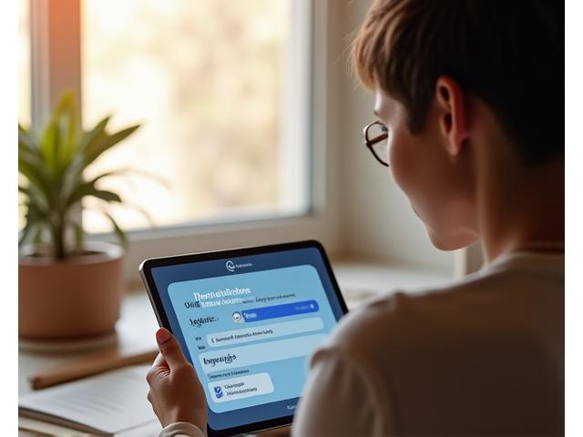 Persona llenando un cuestionario digital en una tablet, con una barra de progreso indicando avance, en un ambiente tranquilo y moderno.