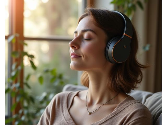 Mujer adulta serena meditando en un entorno natural y acogedor, con audífonos, sugiriendo una experiencia de meditación guiada digital.