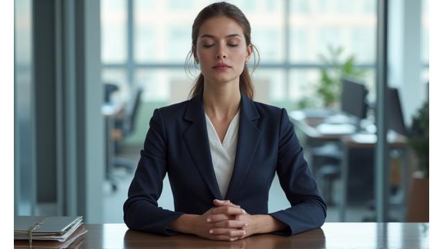 Profesional en un escritorio practicando mindfulness discretamente, con una expresión de calma y enfoque.