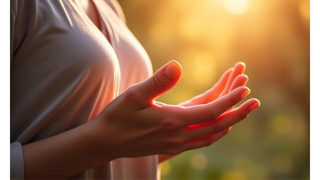 Persona practicando ejercicios de respiración profunda en un entorno sereno, con gráficos sutiles de ondas de sonido o patrones de respiración.