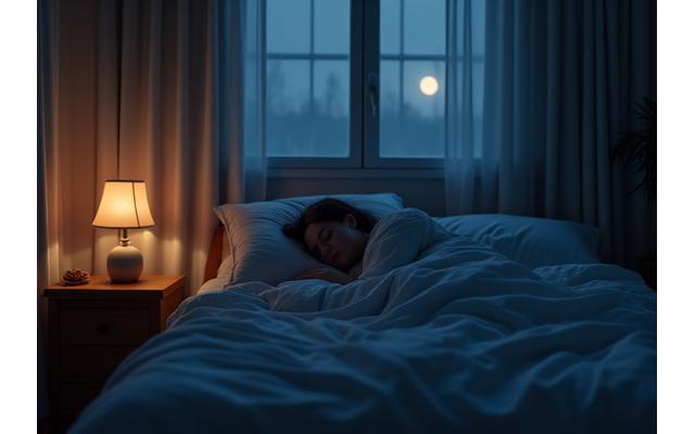 Dormitorio sereno y oscuro con una persona durmiendo tranquilamente bajo una manta suave, luz tenue y cálida.