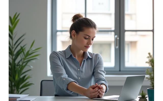 Profesional realizando estiramientos de yoga suave en una oficina moderna, con luz natural entrando.