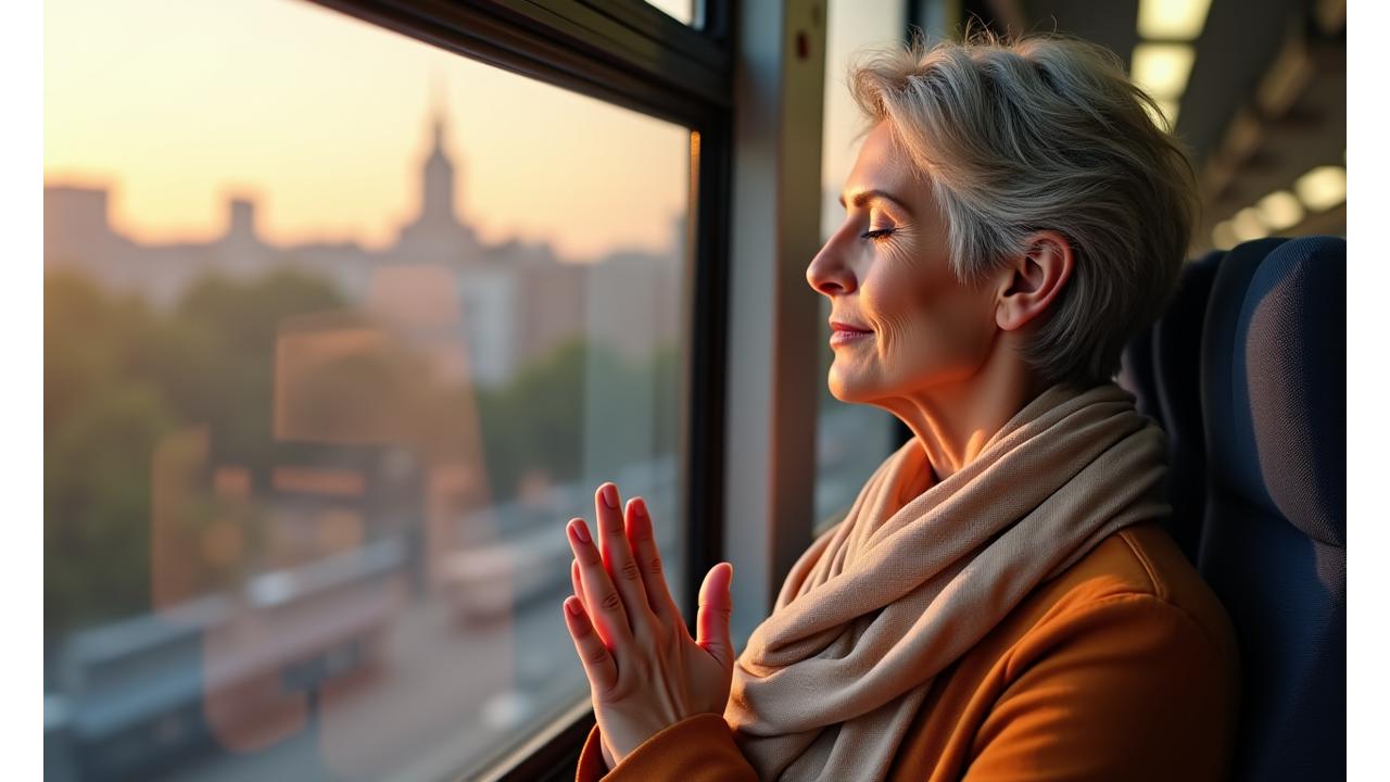 Mujer ejecutiva relajada en transporte público de Madrid con vista de la ciudad al fondo.