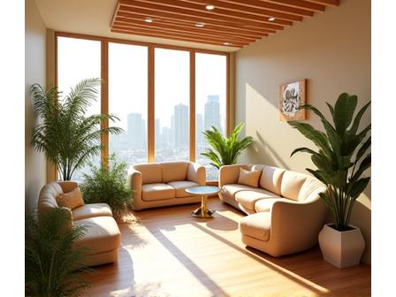 Interior de la oficina de Ritmo Sombrío, Madrid, sala de espera con luz natural, plantas y asientos cómodos.