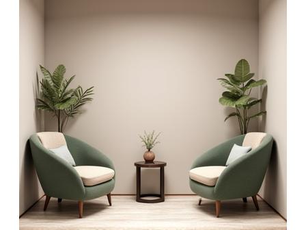 Consultorio individual en la oficina de Ritmo Sombrío, Madrid, con mobiliario ergonómico y ambiente sereno.