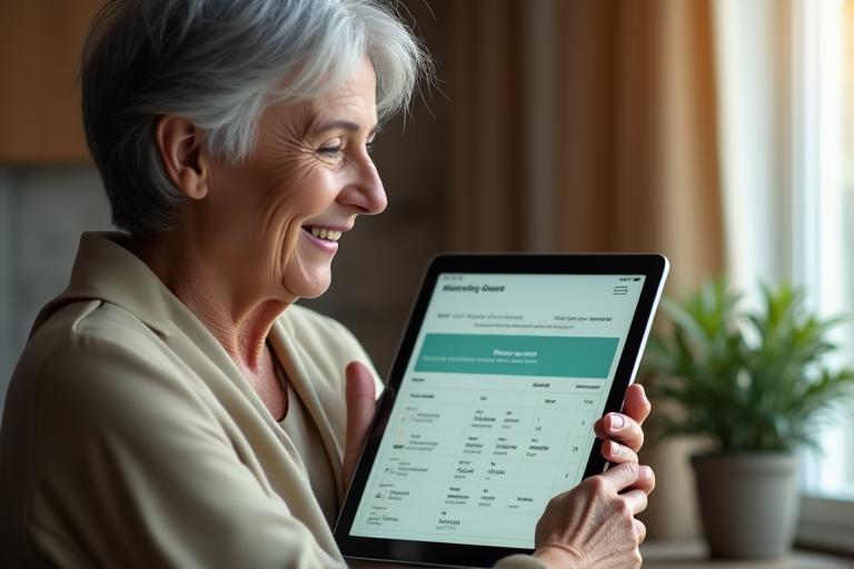 Una persona profesional y amable sonriendo mientras sostiene una tablet con un calendario abierto, representando una consulta de bienestar online o presencial.