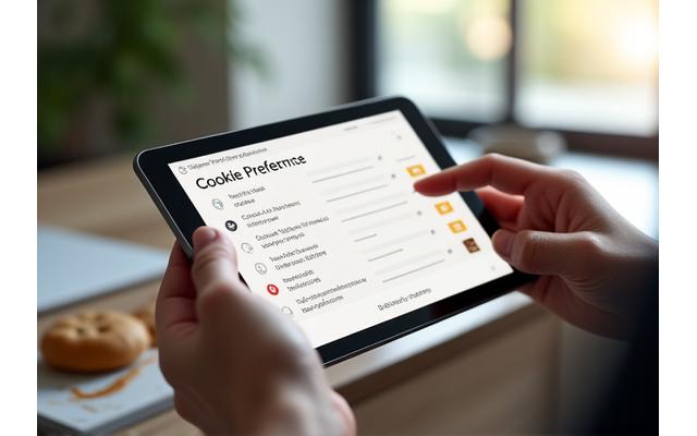 Manos configurando preferencias de cookies en una tableta con un diseño moderno. Simboliza el control del usuario sobre sus datos.