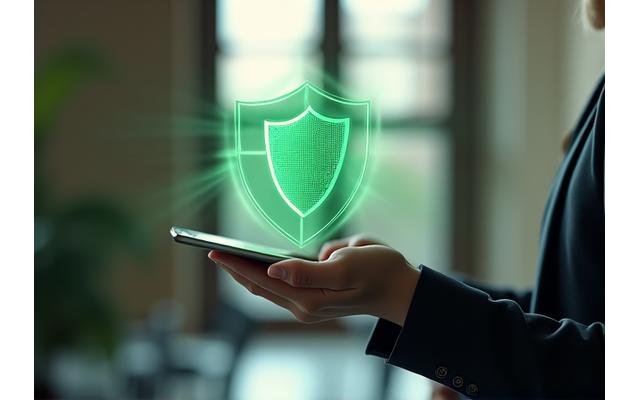 Mano sosteniendo una pantalla con el icono de un escudo de seguridad y texto legal, simbolizando protección de datos y privacidad en España.