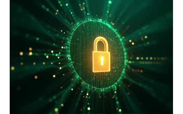 Cerradura digital y figuras de personas conectadas por líneas seguras, simbolizando robustas medidas de ciberseguridad.