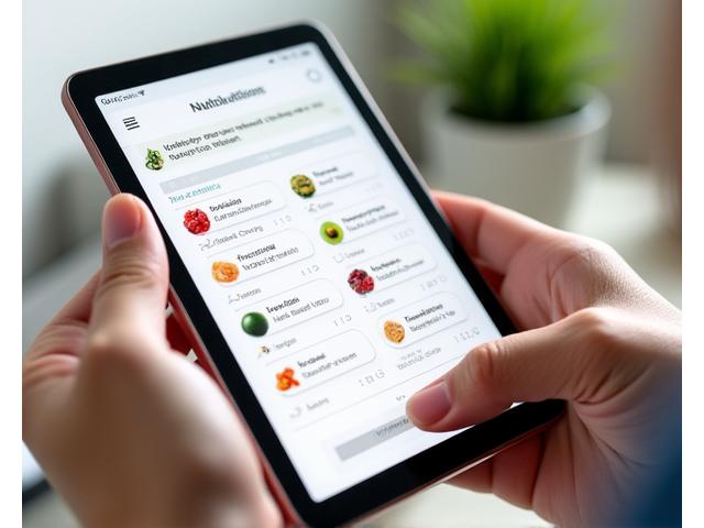 Interfaz de aplicación móvil mostrando un formulario de evaluación nutricional paso a paso con opciones visuales de alimentos y una barra de progreso.