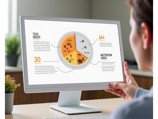 Infografías digitales mostrando información macro y micronutricional de forma clara y atractiva, con iconos y gráficos modernos.