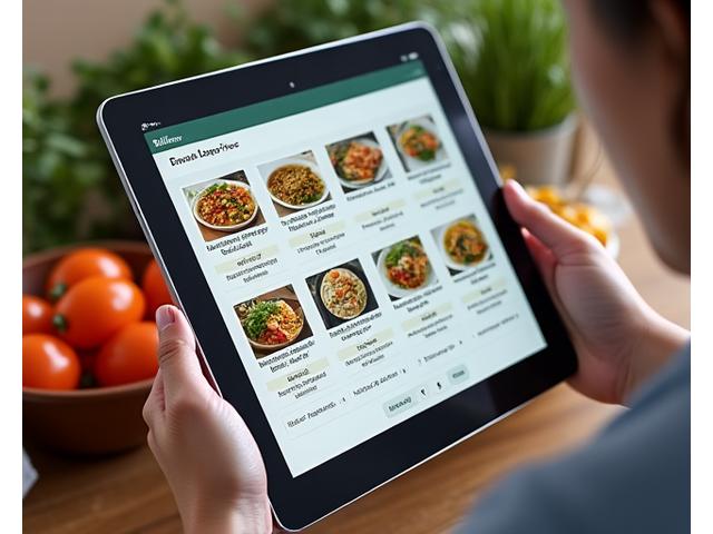 Disposición de recetas digitales en una tablet, mostrando recetas rápidas y saludables con imágenes vibrantes, ideales para profesionales ocupados.