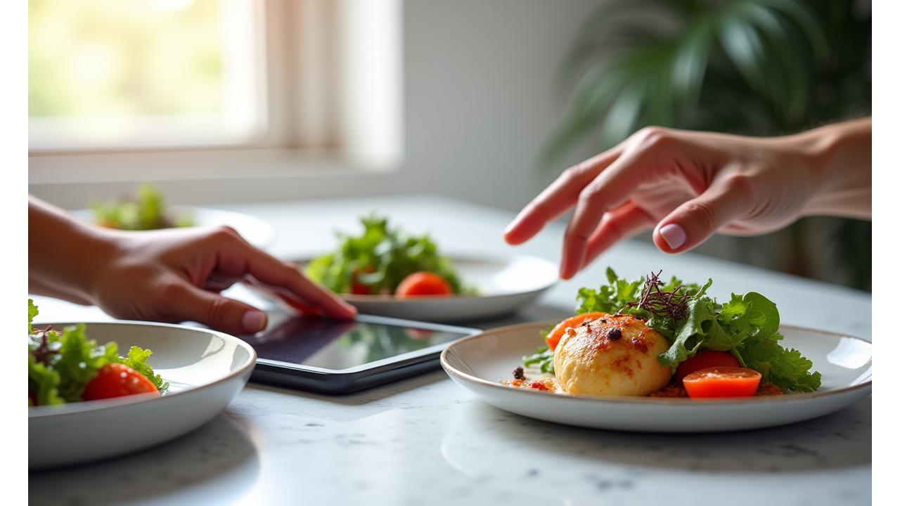 Diseño elegante de una comida saludable y colorida sobre una mesa de madera clara, con una mano usando una tableta que muestra un plan de comidas personalizado.