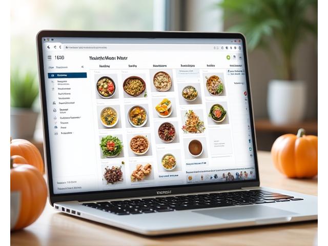 Vista de calendario digital de un plan de comidas semanal personalizado, con imágenes atractivas de recetas y una opción de lista de compras.