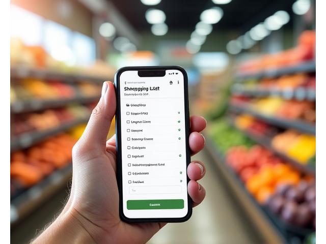 Móvil mostrando una aplicación de lista de compras inteligente, con artículos organizados y precios comparados, en un supermercado.
