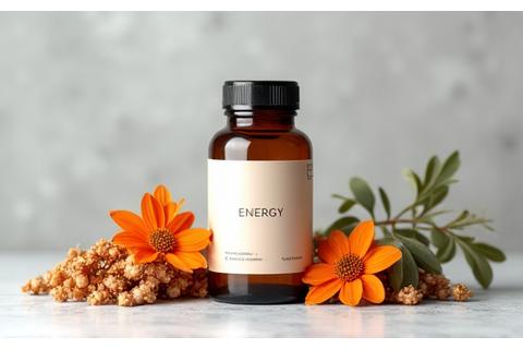 Suplemento natural para la energía en un frasco de vidrio ámbar, rodeado de hierbas medicinales secas.