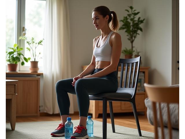 Persona de mediana edad usando objetos cotidianos como una silla o botellas de agua como equipo de ejercicio, en un ambiente doméstico realista y funcional.