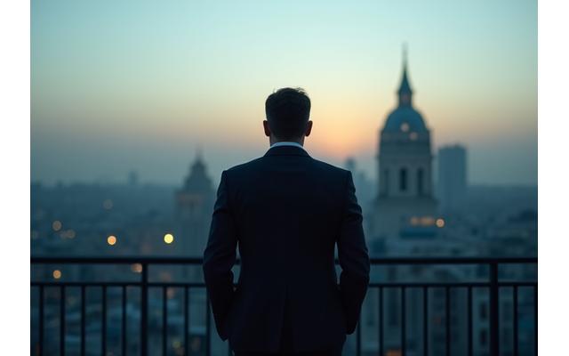 Silueta de un ejecutivo madrileño estresado al amanecer sobre el skyline de Madrid, simbolizando la presión urbana y la necesidad de bienestar digital.