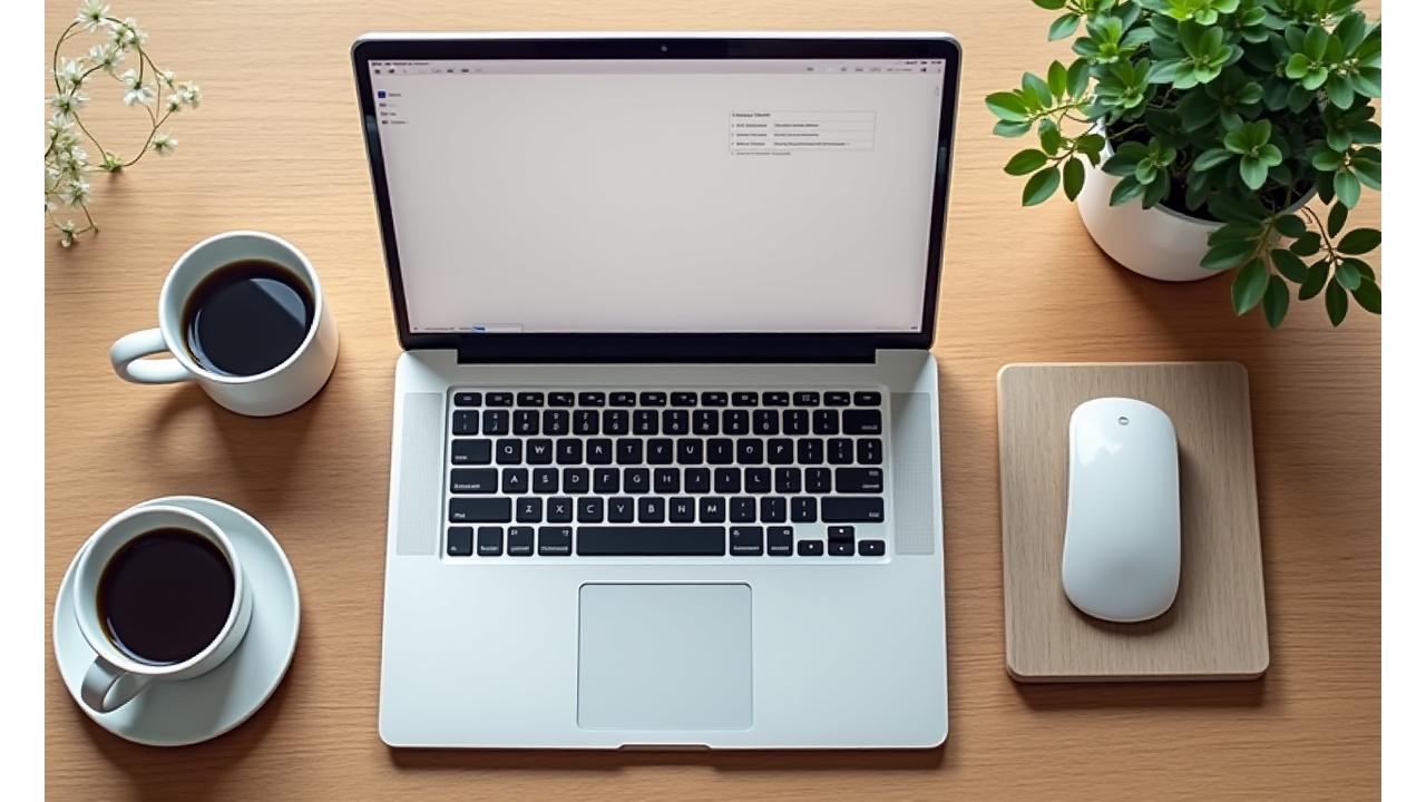 Mesa de trabajo moderna con laptop, taza de café, planta, y reloj que indican flexibilidad horaria