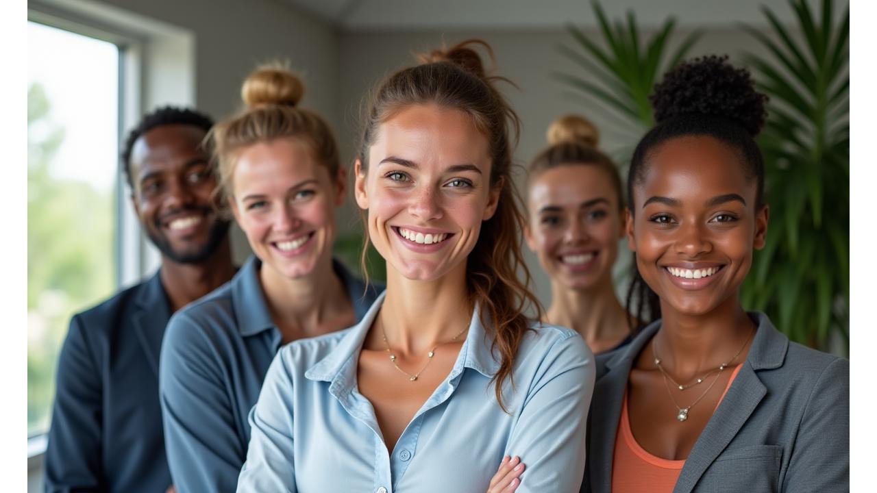 Grupo diverso de instructores profesionales de bienestar sonriendo y mirando a la cámara