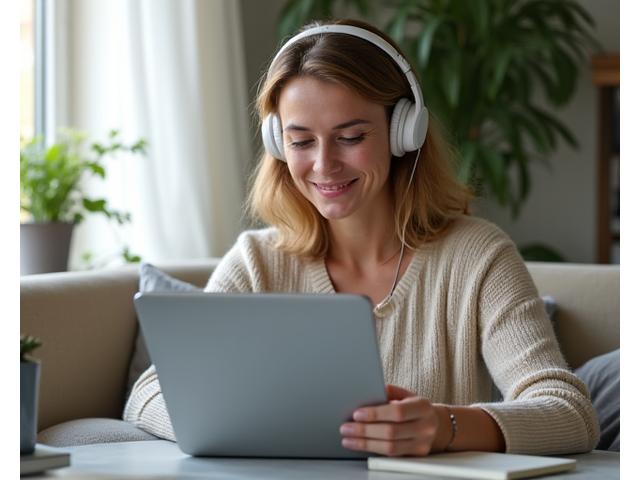 Persona sonriente con auriculares utilizando una tablet, indicando fácil acceso a la tecnología